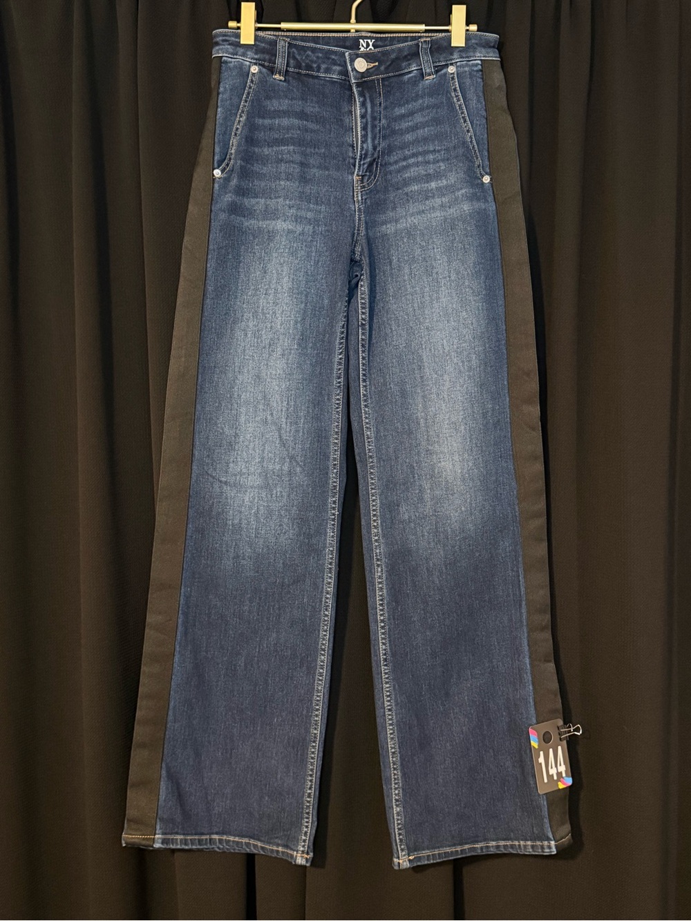 Wide-Leg Two-Tone Jeans in Dark Blue with Black Side Panels